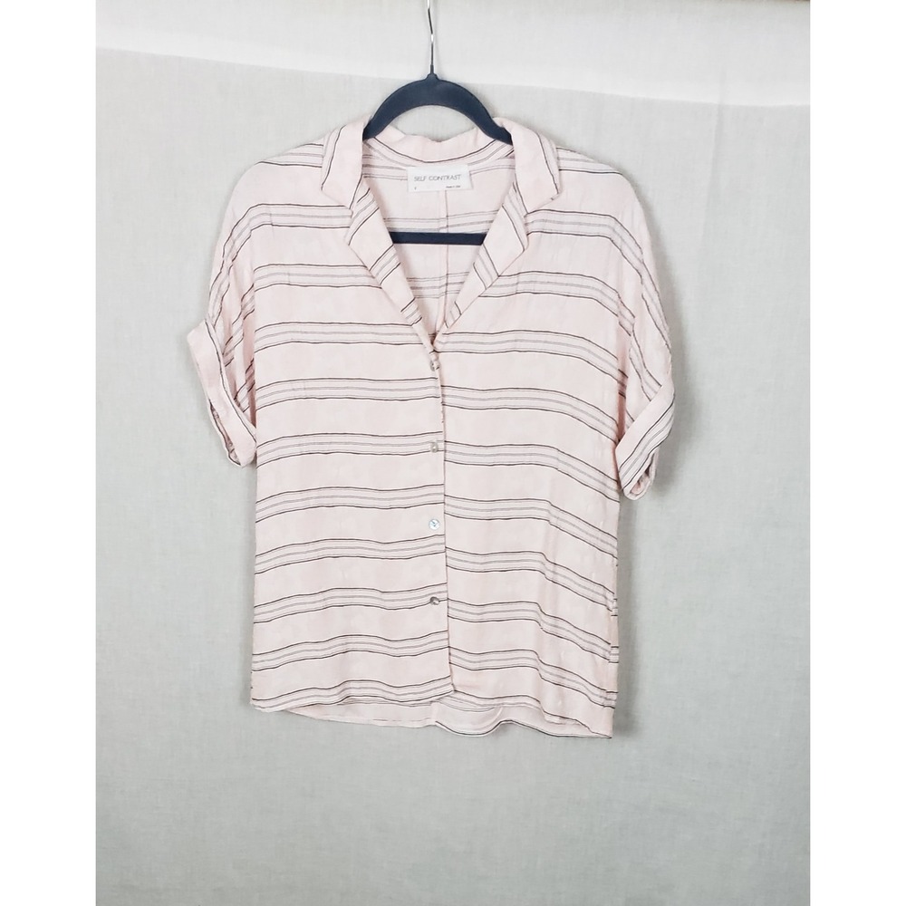 Self Contrast Blouse Top Pink Striped Floral Short Sleeve S Coastal Chic